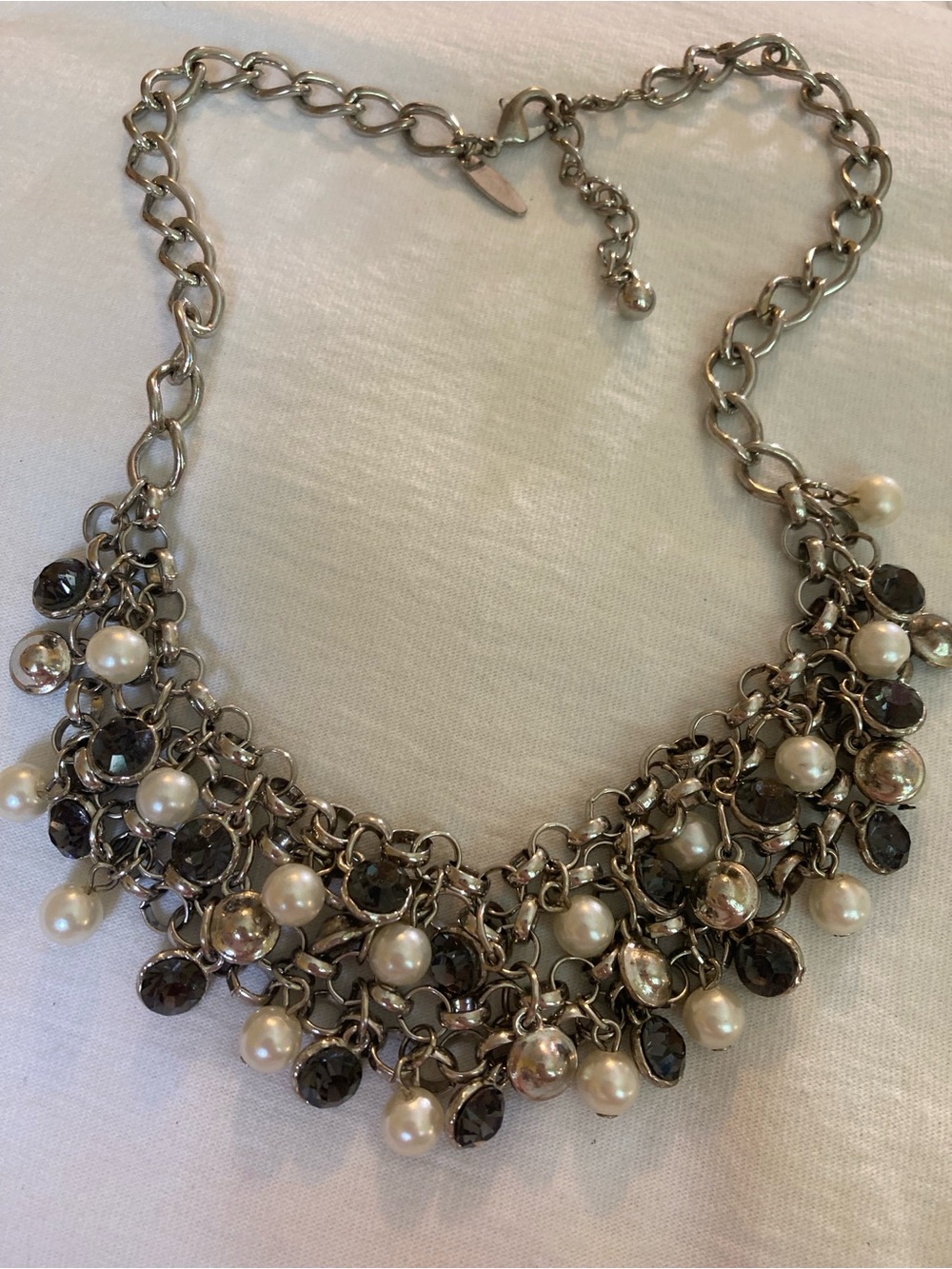 Faux Pearls and Gray beads Mesh Bib Necklace